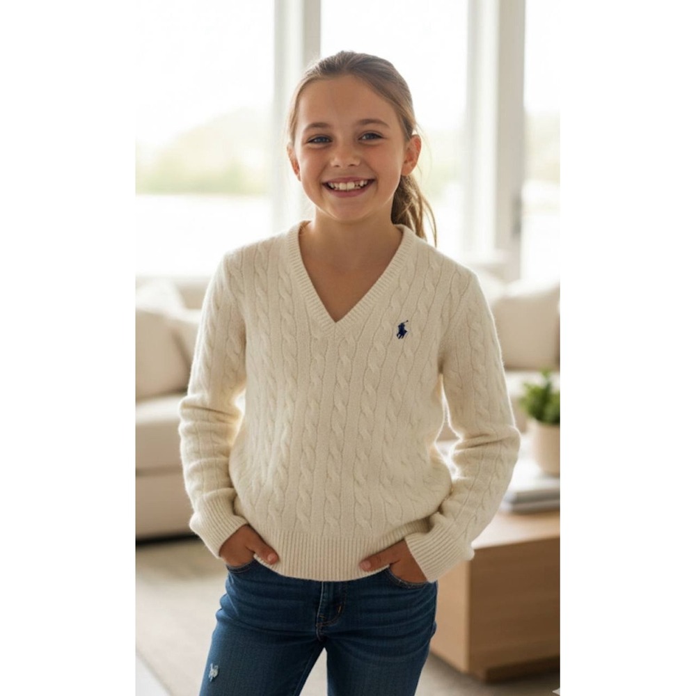 Polo Ralph Lauren Girls Teens Ivory Wool Cashmere Cable Sweater Sz M Preppy‎